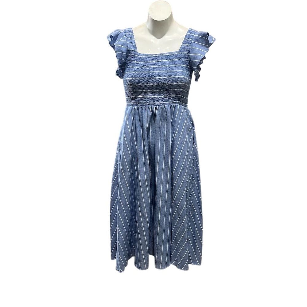 Simplee Women's Blue Striped Smocked Ruffle Sleeve Midi Dress Size XS